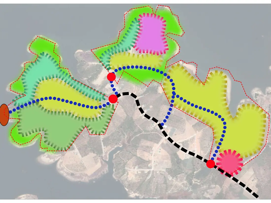Sơ đồ hình thành ý tưởng: các phân khu và trục giao thông tiếp cận